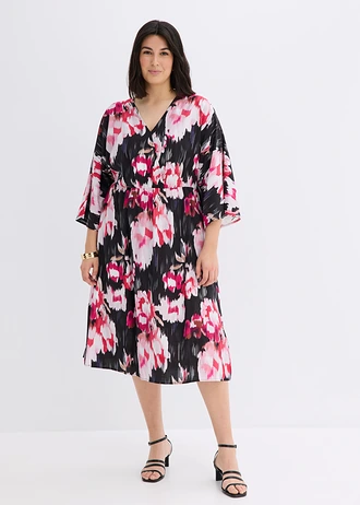 Rochie midi din amestec fluid cu viscoză, culoare: negru-pink floral