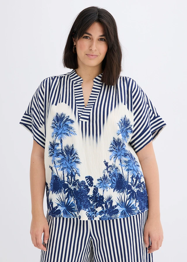 Tuniekblouse van soepele viscose, Kleur: blauw-wolwit gestreept
