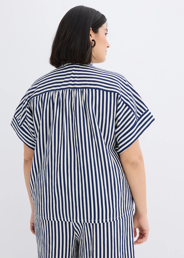 Blouse fluide en viscose mélangée, Couleur: bleu/écru rayé