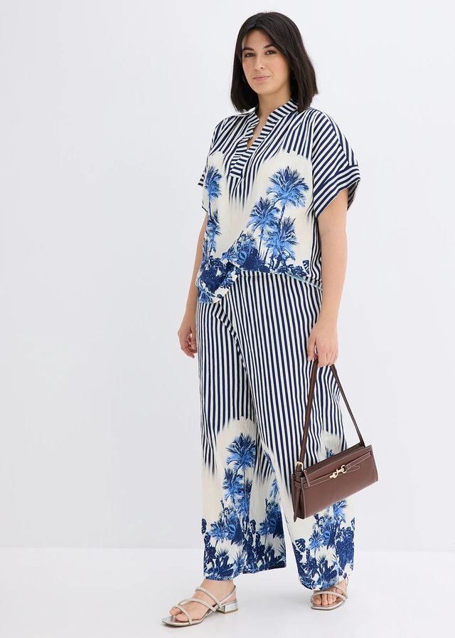 Blouse fluide en viscose mélangée, Couleur: bleu/écru rayé