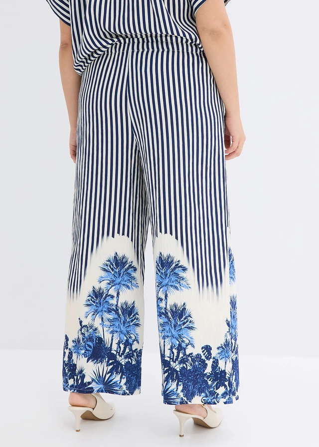 Pantalon palazzo fluide, Couleur: bleu/écru rayé