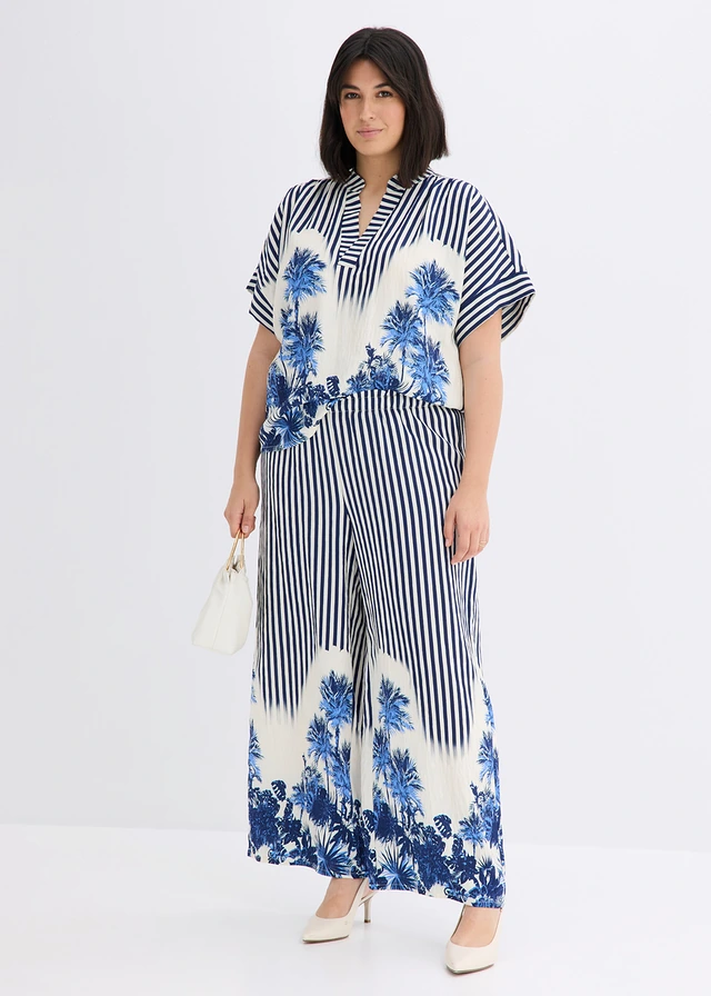 Palazzo broek van een soepele viscosemix, Kleur: blauw-wolwit gestreept