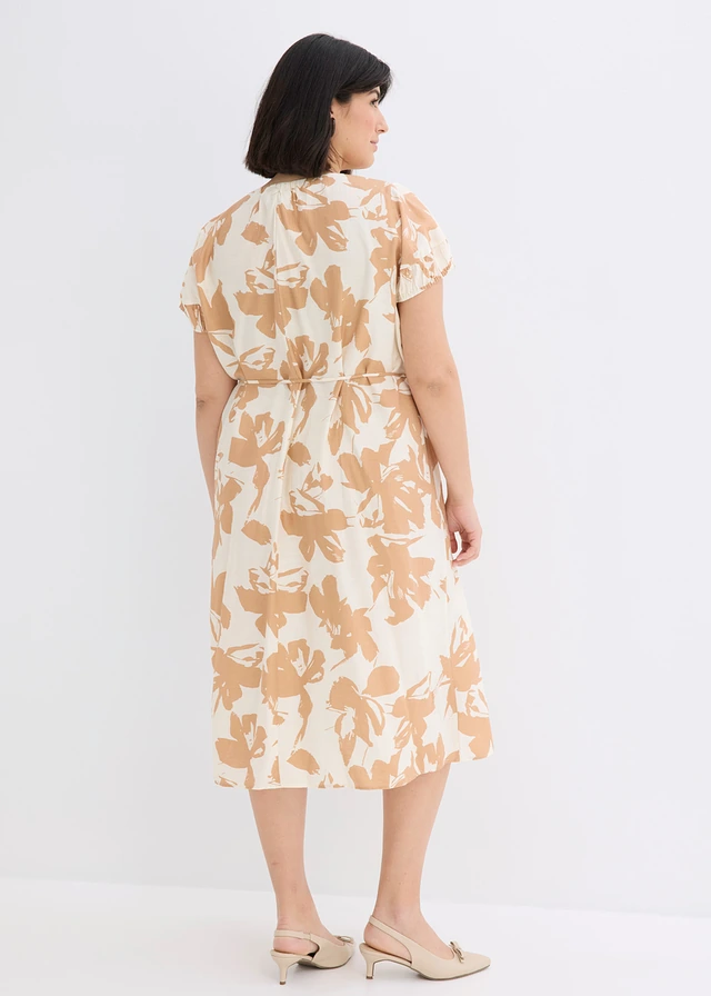 Robe midi fluide en viscose mélangée, Couleur: crème-marron clair floral