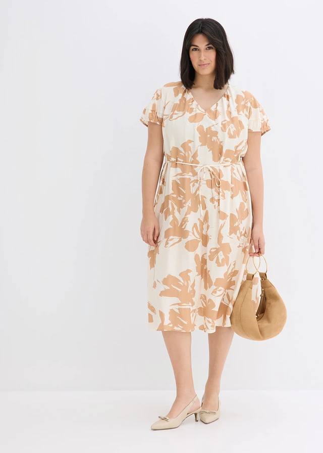 Robe midi fluide en viscose mélangée, Couleur: crème-marron clair floral