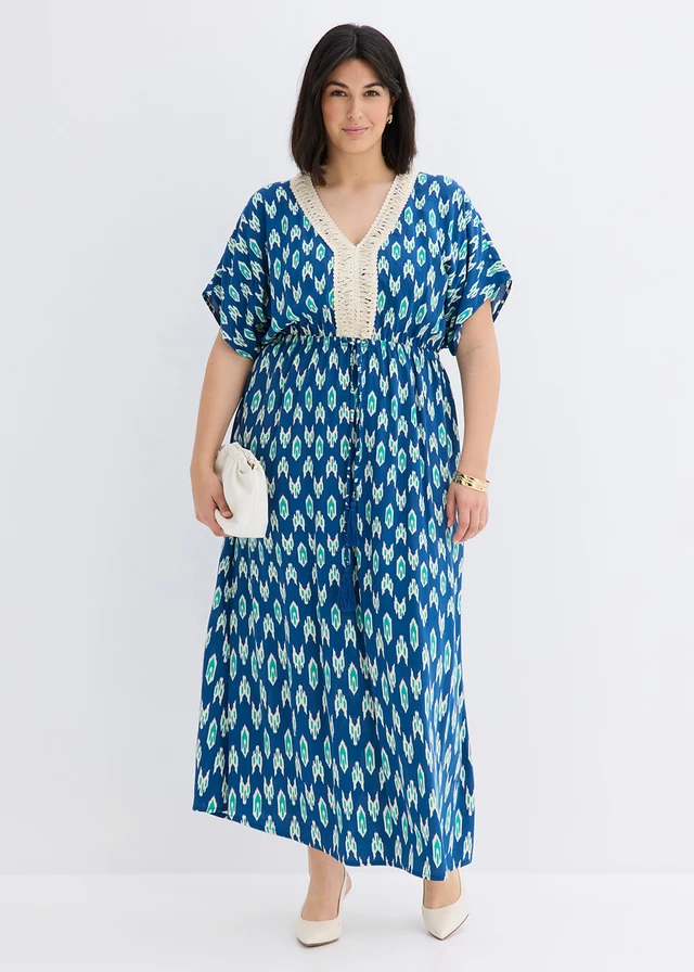 Maxi jurk van soepele viscose, Kleur: blauw met print