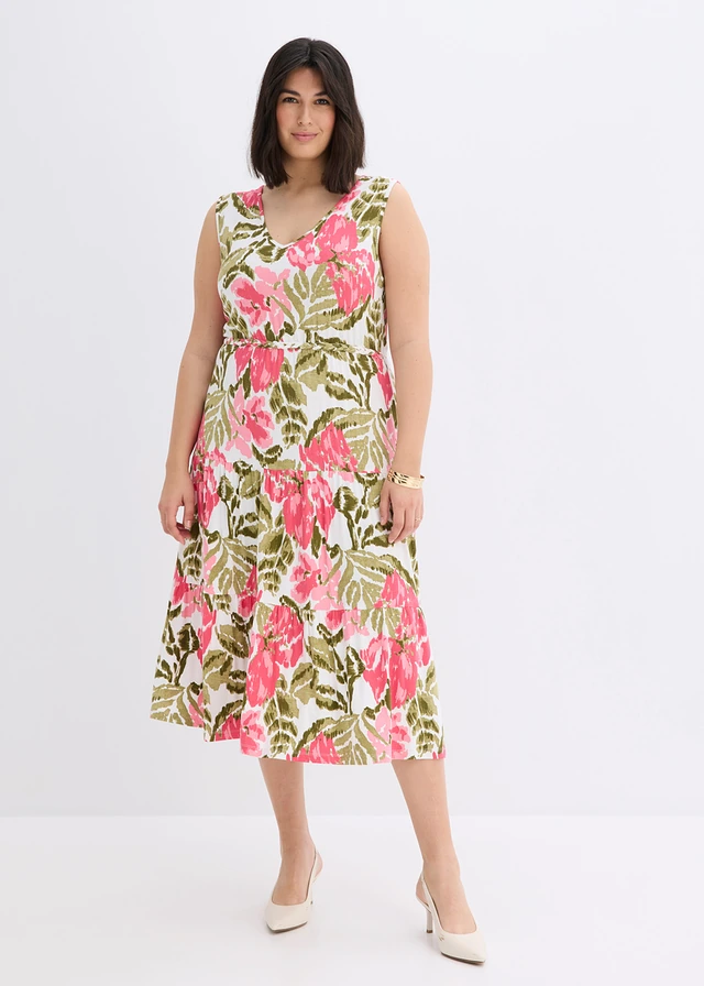 Robe douce en jersey viscose, Couleur: écru-vert-rose vif floral
