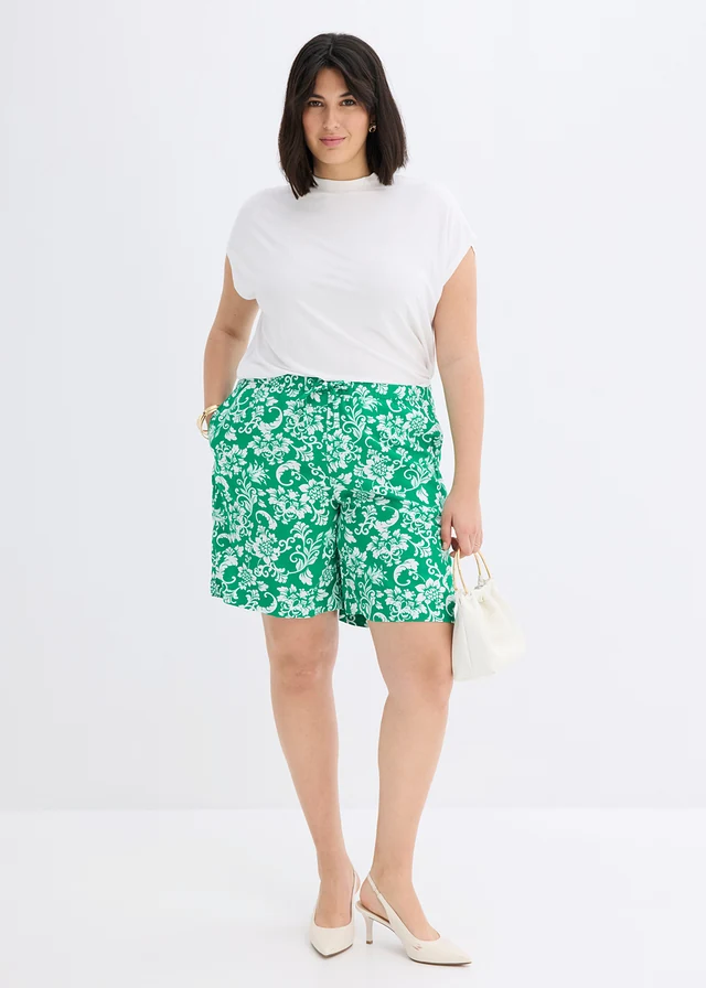 Short en viscose fluide, Couleur: vert aventurine-écru floral