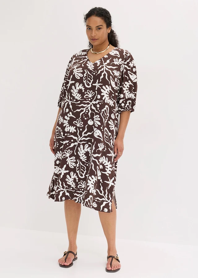 Midi jurk in een viscosemix, Kleur: donkerbruin-wolwit met print