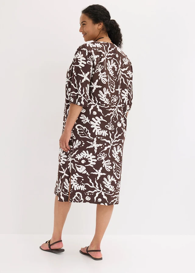 Midi jurk in een viscosemix, Kleur: donkerbruin-wolwit met print