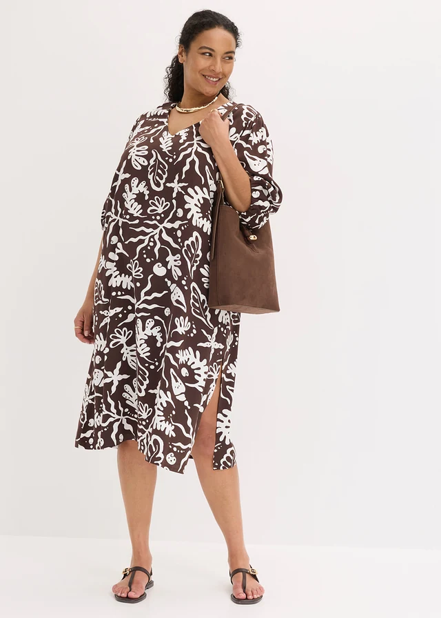 Midi jurk in een viscosemix, Kleur: donkerbruin-wolwit met print