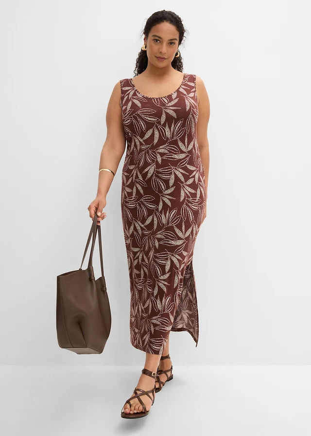 Maxi jurk van soepele viscose, Kleur: bruin/wolwit gedessineerd