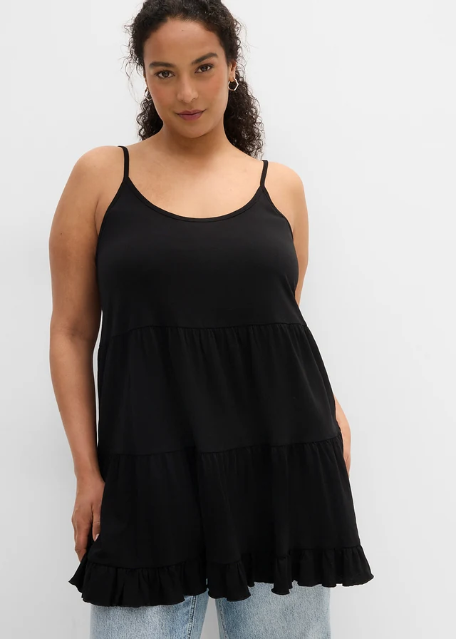 Lange spaghetti top met volants, Kleur: zwart