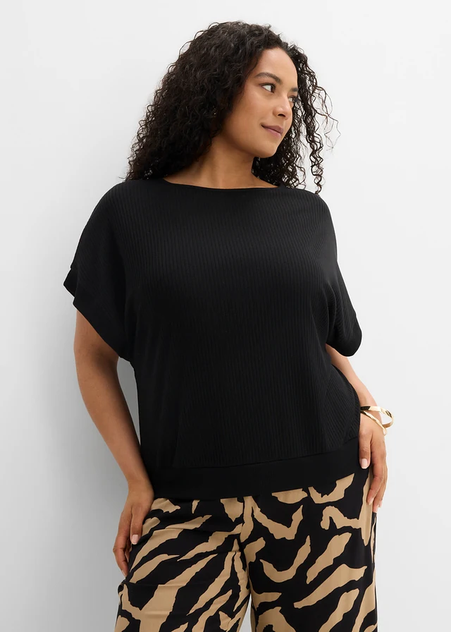 T-shirt avec manches chauve-souris et côtes, Couleur: noir
