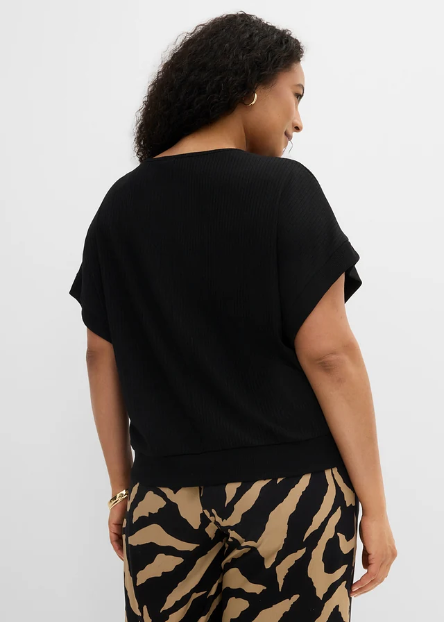 T-shirt avec manches chauve-souris et côtes, Couleur: noir