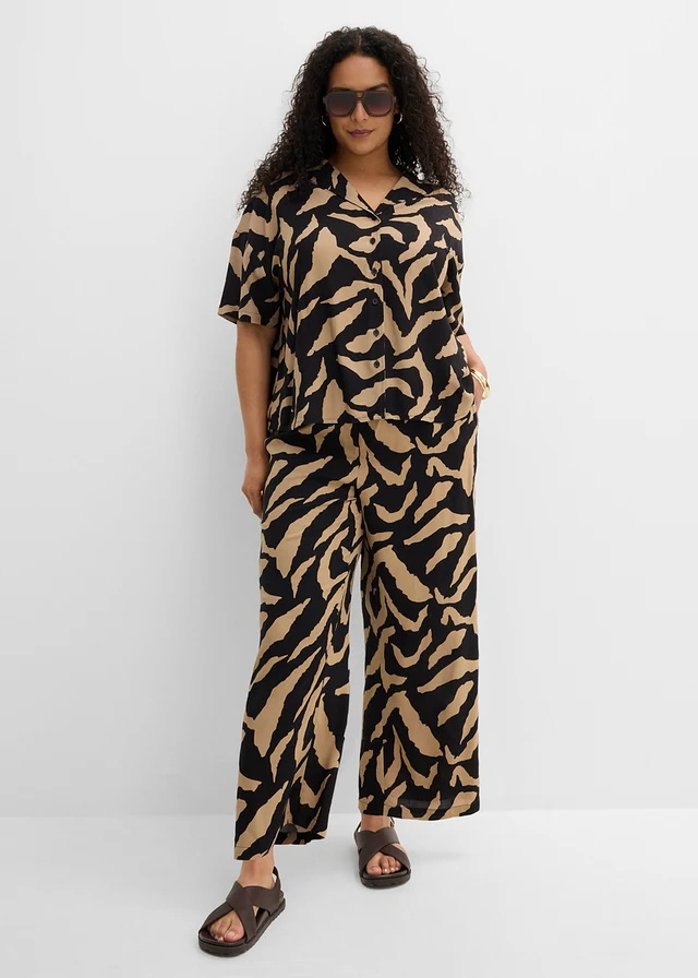 Marlene Dietrich broek in een zachte viscosemix, Kleur: zwart-mat camel gedessineerd