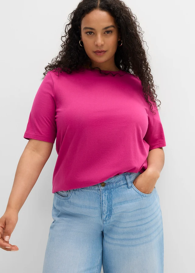Lot de 8 T-shirts, Couleur: noir-blanc-gris clair chiné-bleu foncé-rose fuchsia