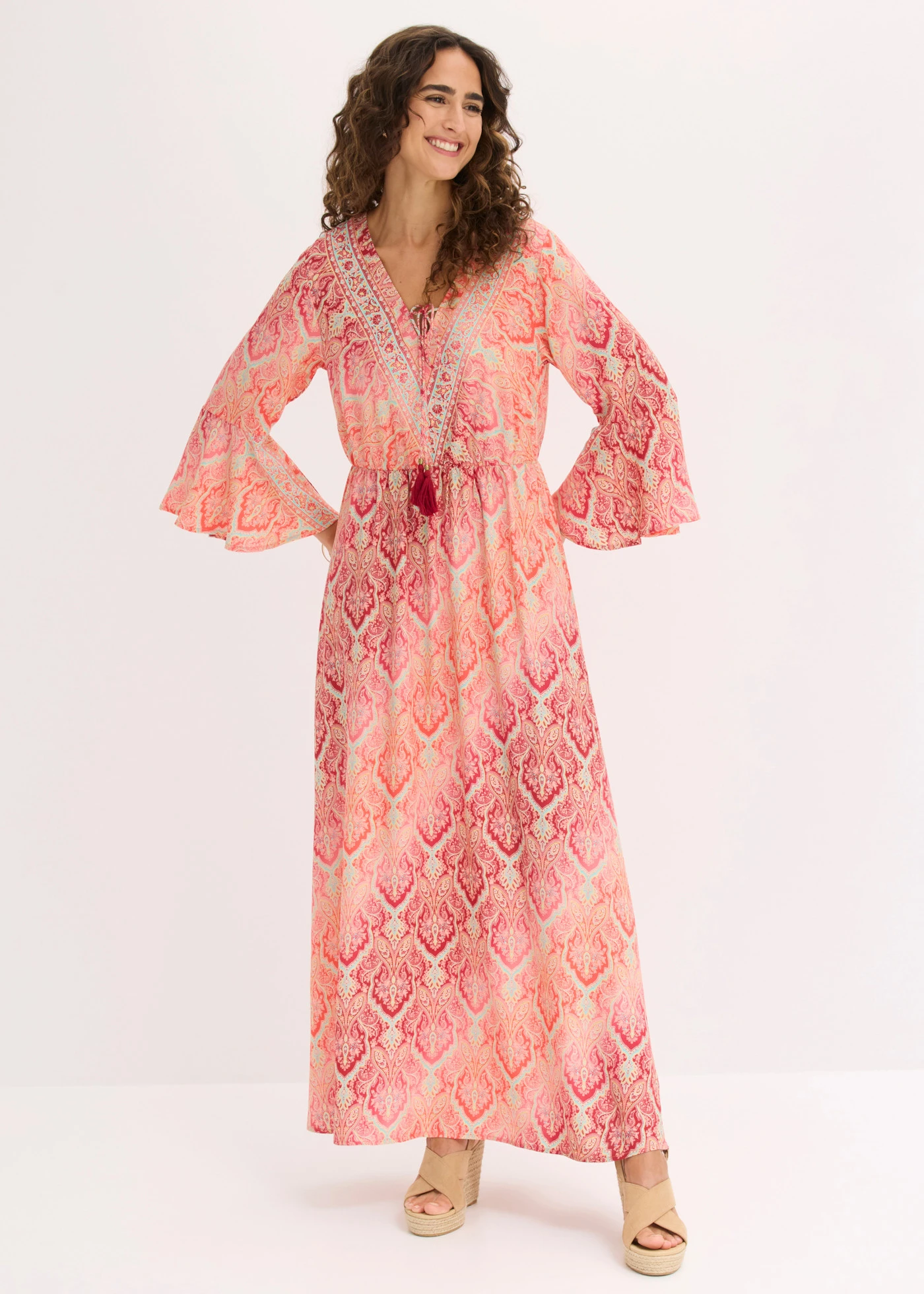 Robe longue en viscose fluide • bordeaux-corail imprimé • product-page.page-title-suffix