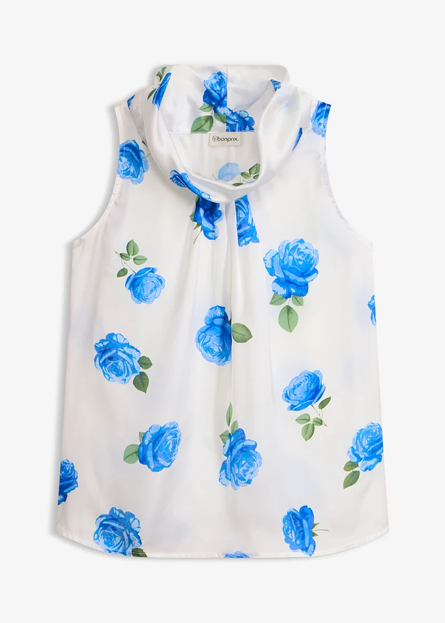 Top sans manches en satin fluide, Couleur: écru/bleu floral