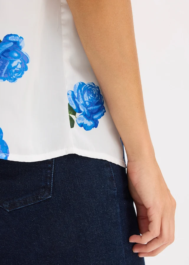 Bluză fără mâneci din satin fluid • ecru-albastru floral • magazin bonprix