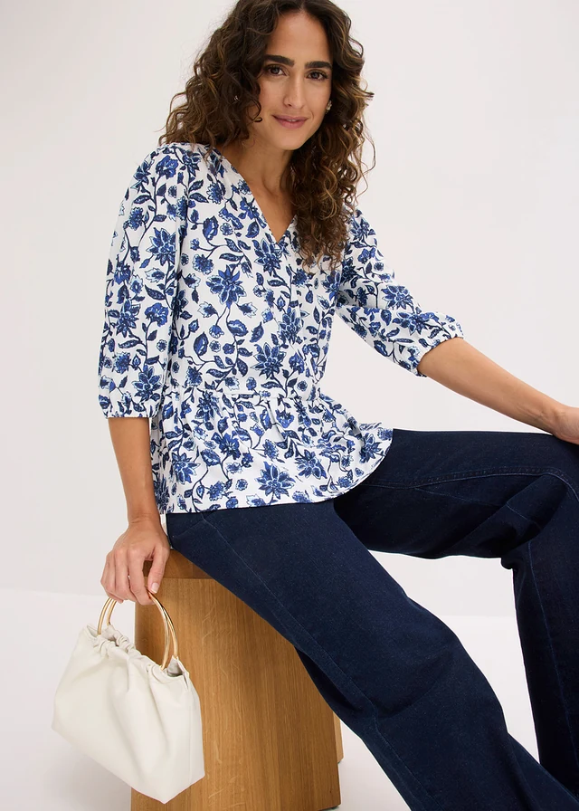Shirt tuniek van gestructureerde crêpe • wolwit-blauw gebloemd • product-page.page-title-suffix