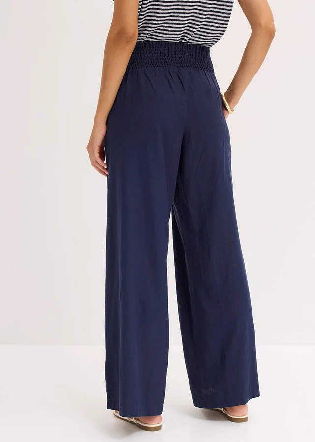 Pantalon large et léger à pinces en lin mélangé, Couleur: bleu foncé