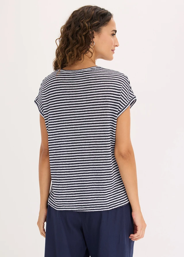 T-shirt en viscose mélangée, Couleur: écru/bleu foncé rayé