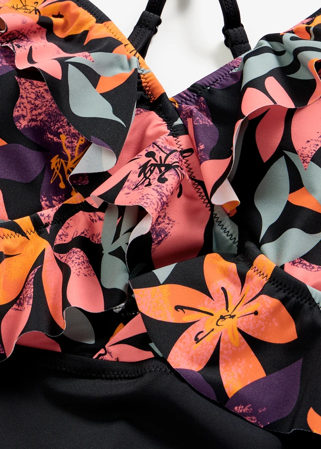 Costum de baie cu volane • negru-multicolor floral • magazin bonprix