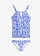 Costum de baie tankini cu decupaj  (set/2piese), culoare: alb-albastru santorini cu imprimeu grafic