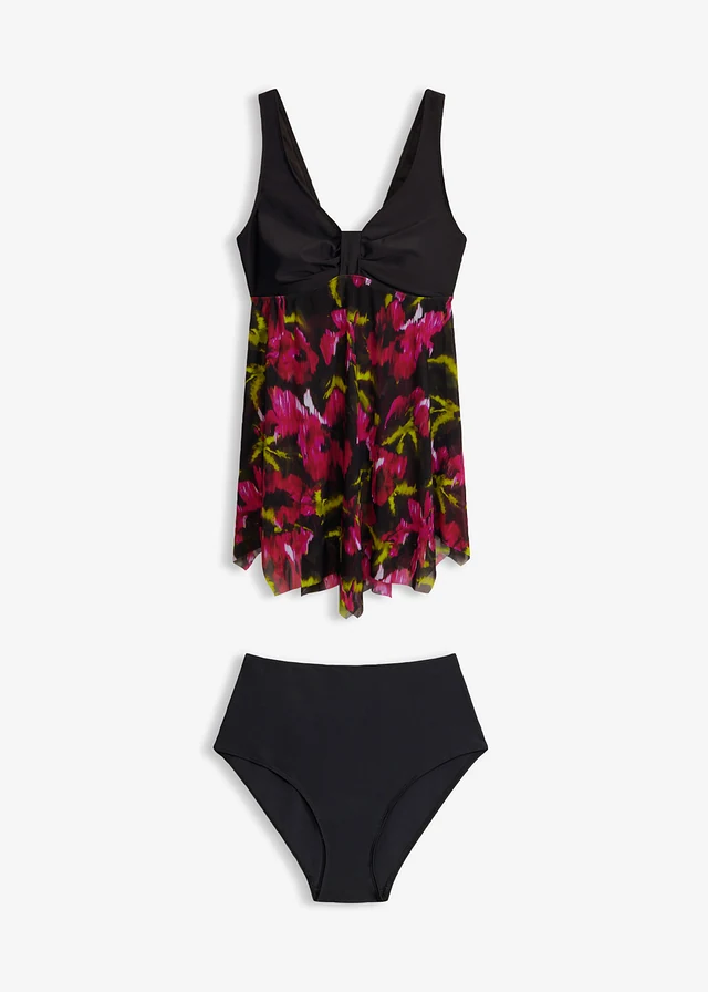 Lange tankini met netmateriaal met print (2-dlg. set), Kleur: zwart gebloemd