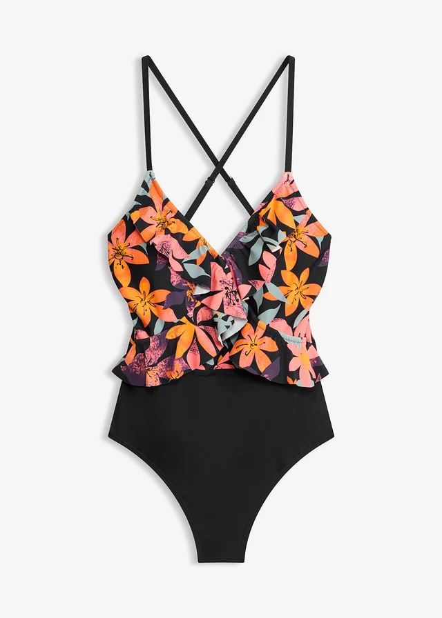 Badpak met volants, Kleur: zwart multicolor gebloemd