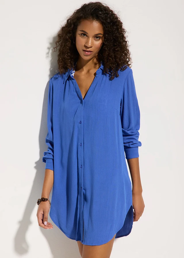 Lange strandblouse van viscose, Kleur: blauw