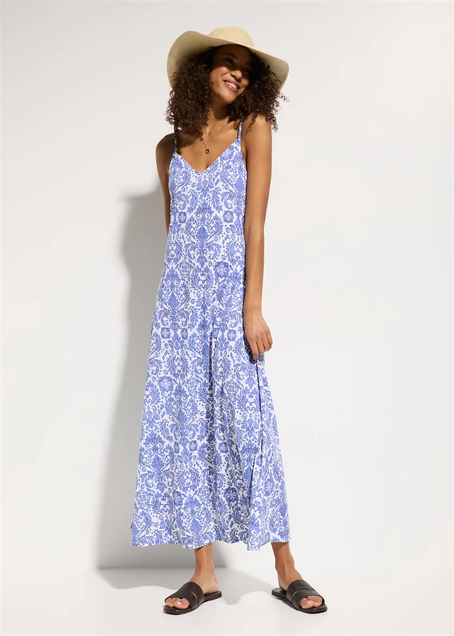Robe de plage fluide, Couleur: blanc-bleu santorin graphique