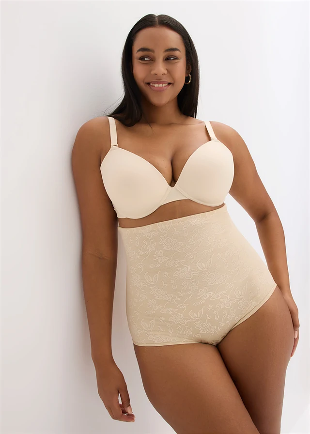 Slip sculptant taille haute en dentelle douce, maintien modéré, Couleur: marron clair