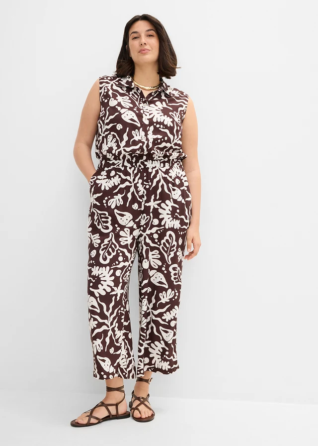 Jumpsuit van soepele viscose, Kleur: donkerbruin-wolwit