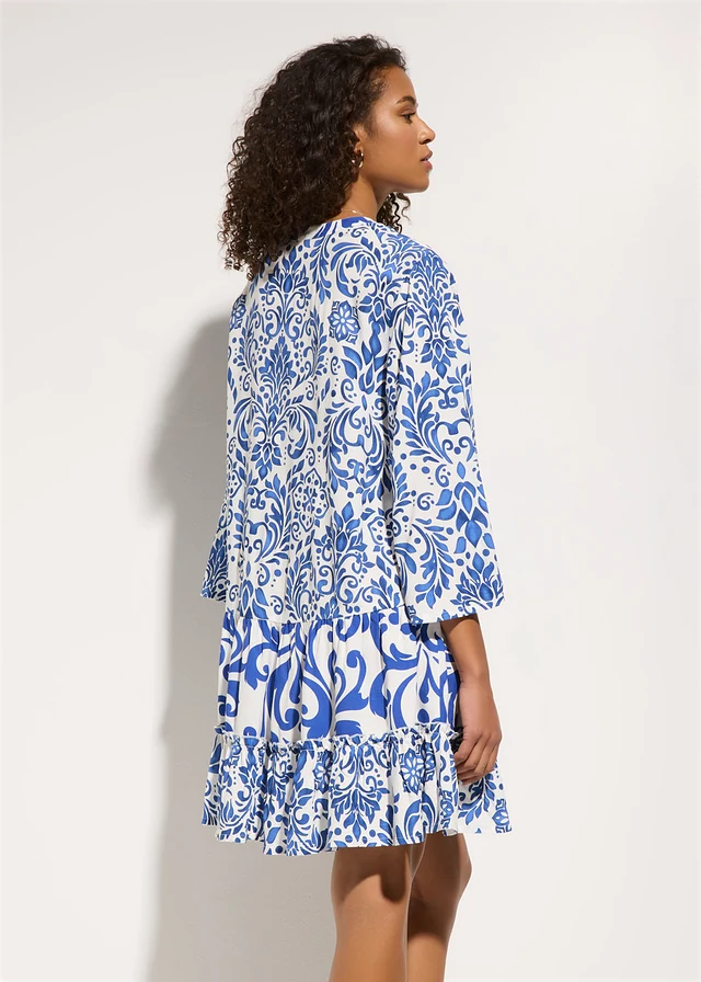 Strandjurk van soepele viscose, Kleur: wit-santoriniblauw
