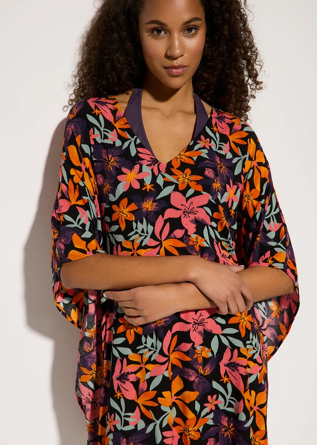 Rochie gen tunică din material texturat creponat • negru-imprimeu floral colorat • magazin bonprix