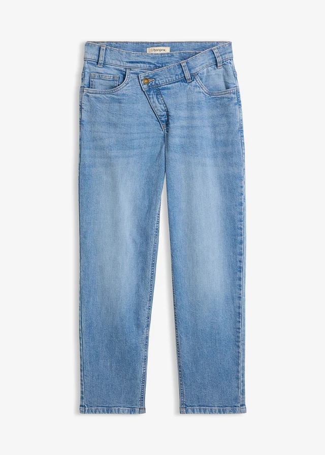 Jeansy mom, high waist • jasnoniebieski denim "used" • sklep bonprix