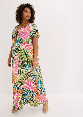 Jersey jurk in een zachte viscosemix, Kleur: wolwit-groen-pink gebloemd