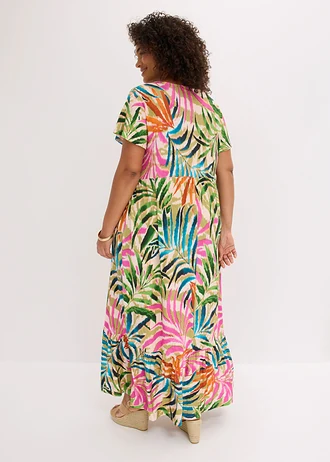 Rochie din jerse din amestec moale cu viscoză, culoare: ecru-verde-pink floral