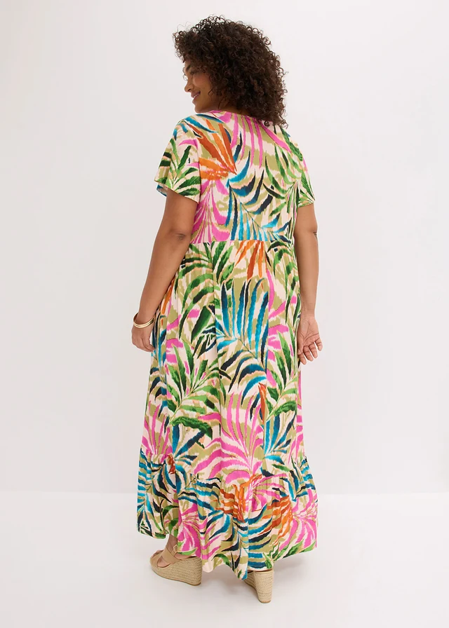 Robe douce en jersey, Couleur: écru-vert-rose vif floral