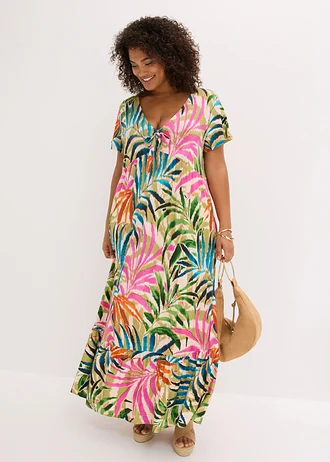 Robe douce en jersey, Couleur: écru-vert-rose vif floral