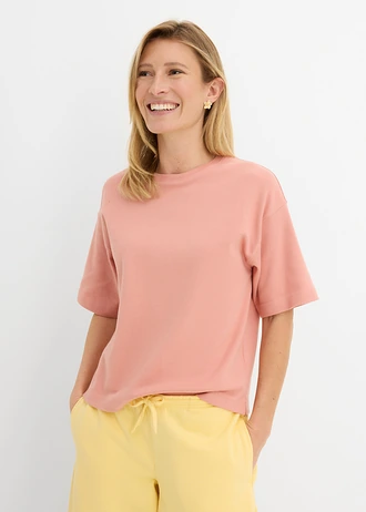 T-shirt o pudełkowym kroju z grubej bawełny organicznej, kolor: brązowy pudrowy