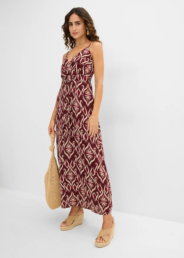 Rochie maxi din viscoză fluidă, culoare: roșu-arțar, cu imprimeu