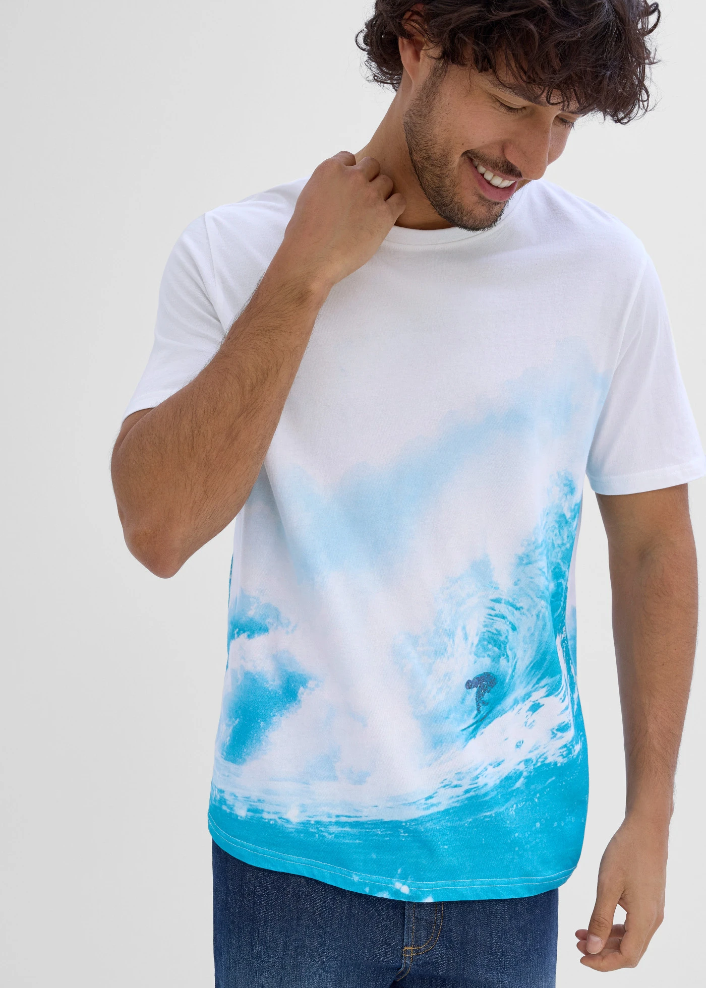 Tricou din bumbac organic 100% • alb-verde-albastru cu imprimeu • magazin bonprix