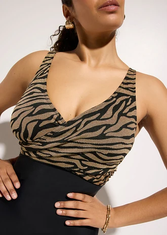 Maillot 1 pièce sculptant style croisé, maintien modéré • noir/zèbre • Boutique bonprix