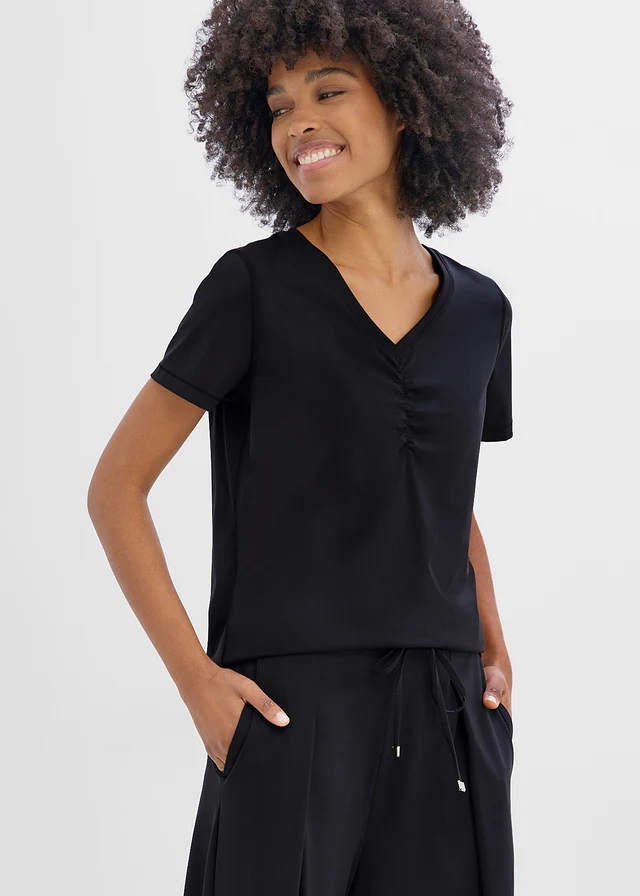 Ultralicht sporttop met plooien, sneldrogend, Kleur: zwart