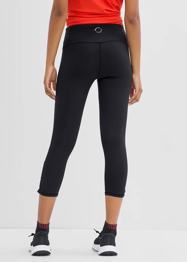 Ultralichte sportcapri-legging met plooien, sneldrogend, Kleur: zwart