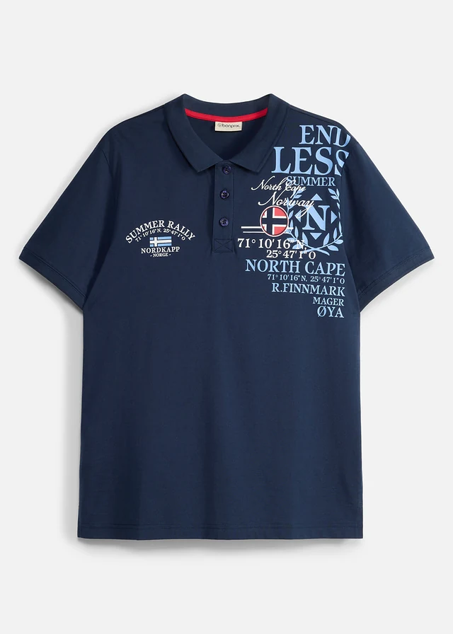 Jersey poloshirt van biologisch katoen met korte mouwen, Kleur: donkerblauw met print