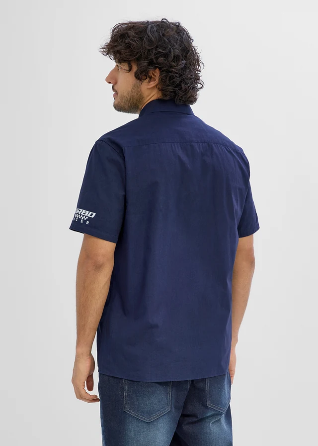 Overhemd met korte mouwen van biologisch katoen, Kleur: donkerblauw met print