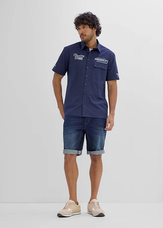 Overhemd met korte mouwen van biologisch katoen, Kleur: donkerblauw met print